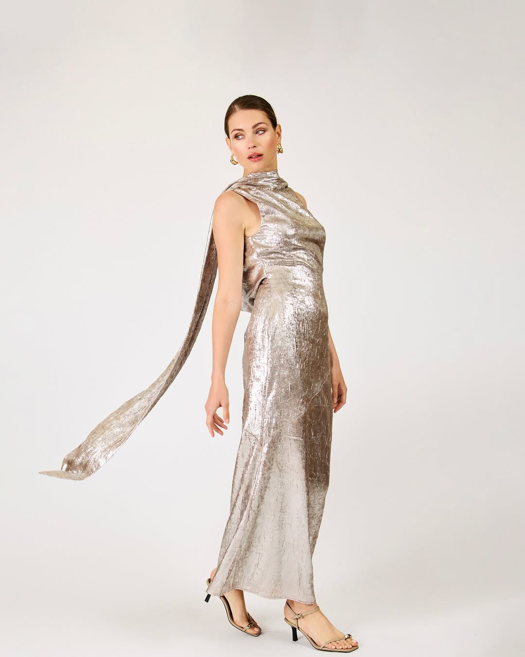 A floor-length, sleeveless maxi dress made from a metallic silver fabric with a crinkled texture. It features a high mock-neck collar and a long, flowing scarf-like detail…