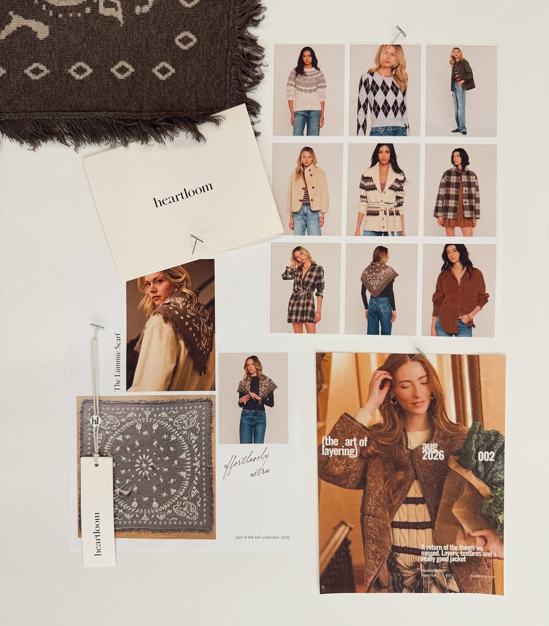 A mood board collage featuring a flat lay of a brown patterned fringed scarf alongside photos of models wearing it and other fall clothing.