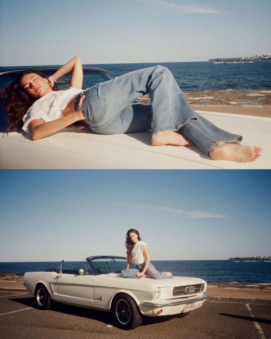 Light-wash blue denim jeans with a high waist and a distinct flare leg silhouette.