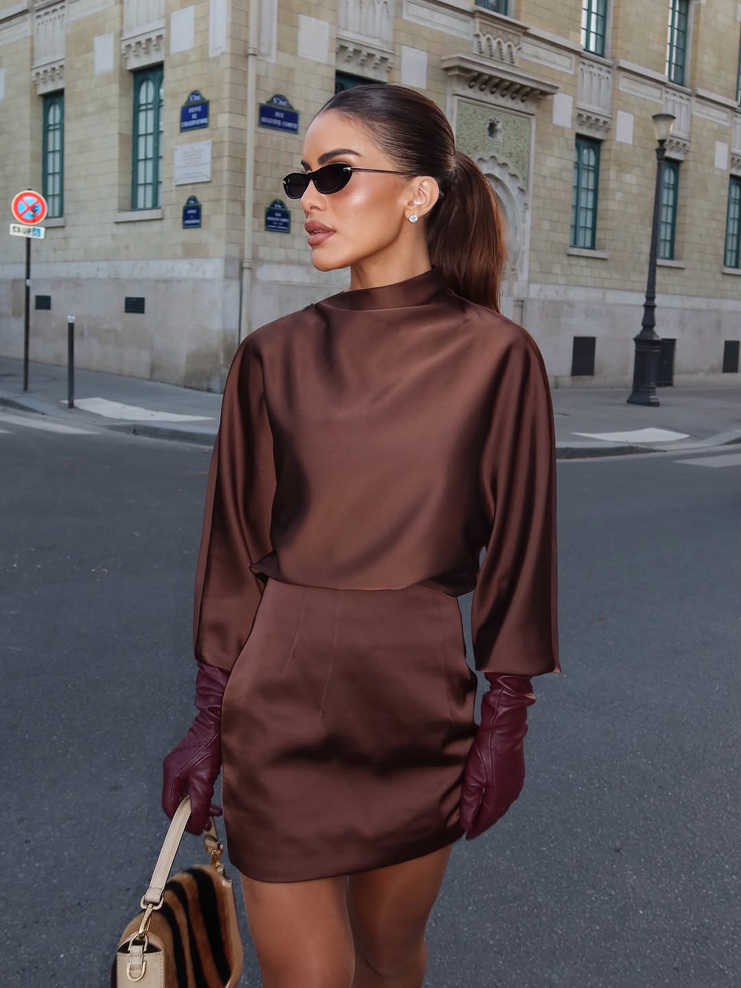 A long-sleeved top made from a chocolate brown satin fabric with a high mock neck and a relaxed, slightly cropped fit.